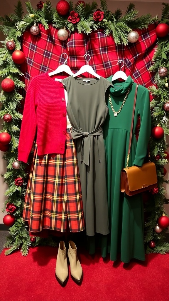 Festive Christmas Outfits from Shein A festive display of Christmas outfits including a red sweater, green dress, and plaid skirt with accessories.